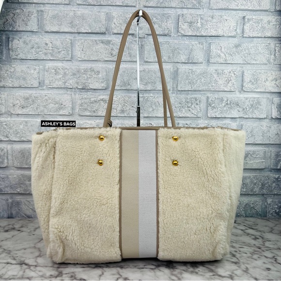 Kate Spade Everything Racing Stripe Faux Shearling Large Tote In Cream Multi - Picture 6 of 16